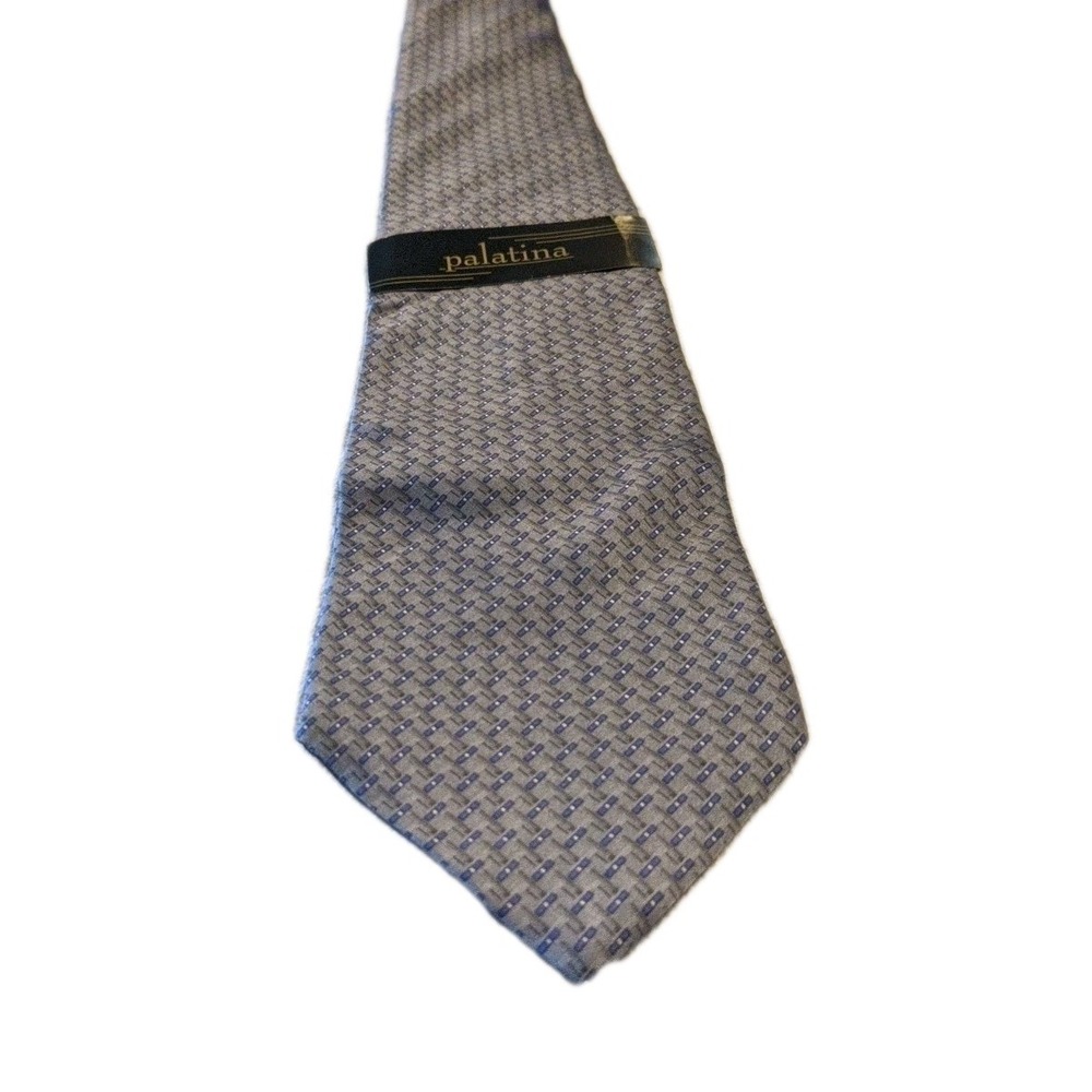 Palatina 100% Silk Men's Neck Tie Silver‎ Blue Grey Pattern New W/ Tags